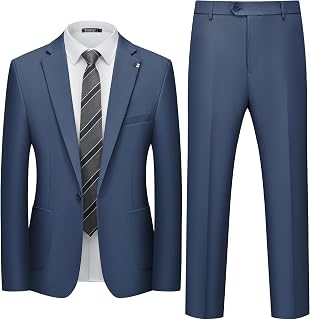 WULFUL Men's Slim Fit 2-Piece Suit Set: One-Button Blazer Jacket & Stretch Pants for Weddings, Business, Parties