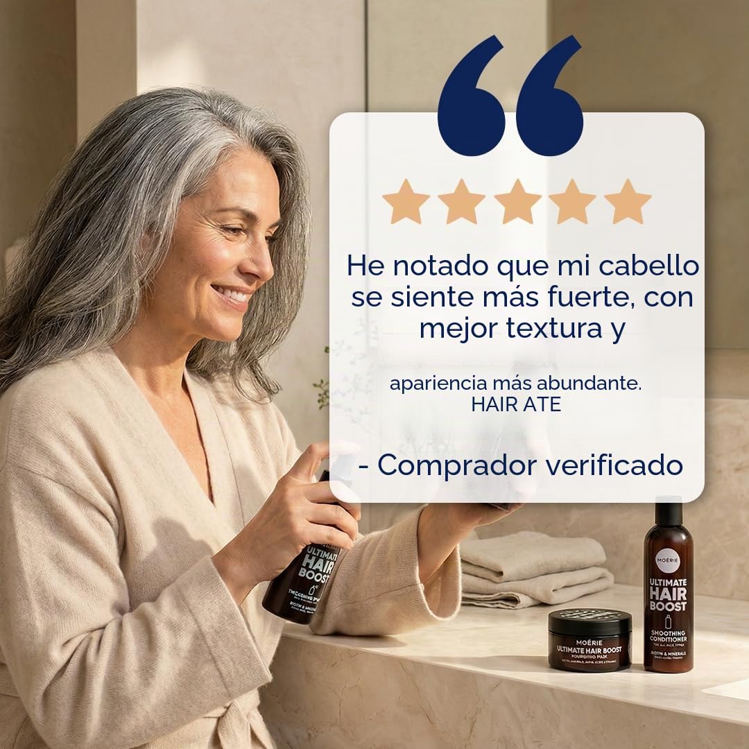 Moerie Set champu de cabello crecimiento y acondicionador pelo Plus mascarilla pelo y Spray – Cabello Más Largo, Más Fuerte –Voluminizadores para el Cabello – Sin Parabenos ni Silicona – 8 productos