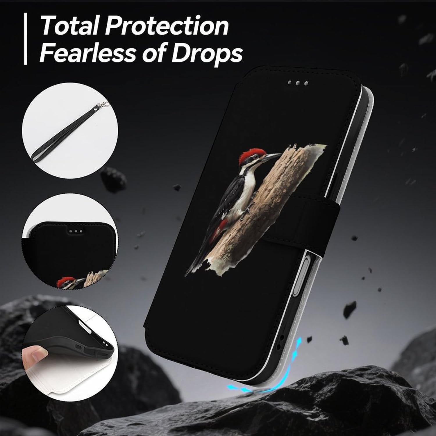 Woodpecker Compatible with iPhone 16/16 Plus/16 Pro/16 Pro Max/16 E Case Phone Wallet Card Holder Flip Cover with Wrist Strap