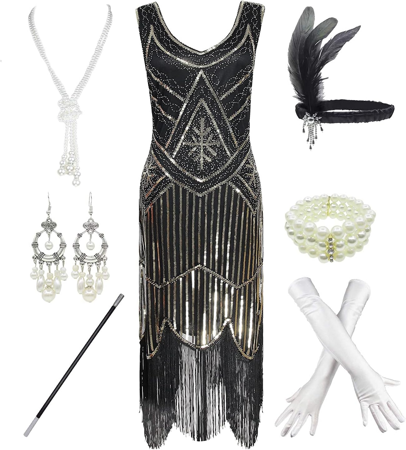 esrtyeryh Women Costume1920s Gatsby Sequin Fringed Paisley Flapper Dress with 20s Accessories Set