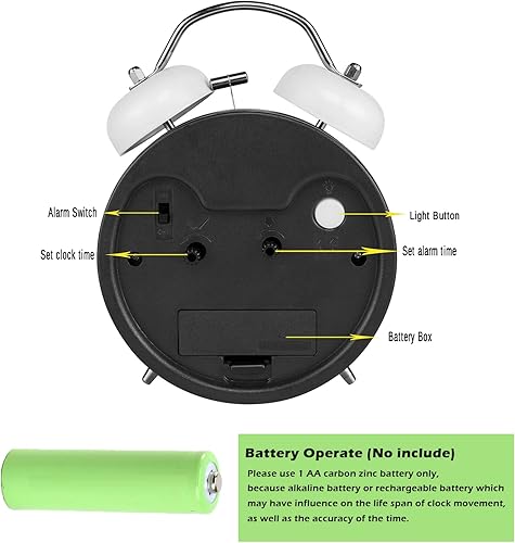 Miniatura 4 de PILIFE Reloj despertador analógico, 4 pulgadas, súper silencioso, sin tictac, con luz de fondo, sin repetición, funciona con pilas, campana ruidosa