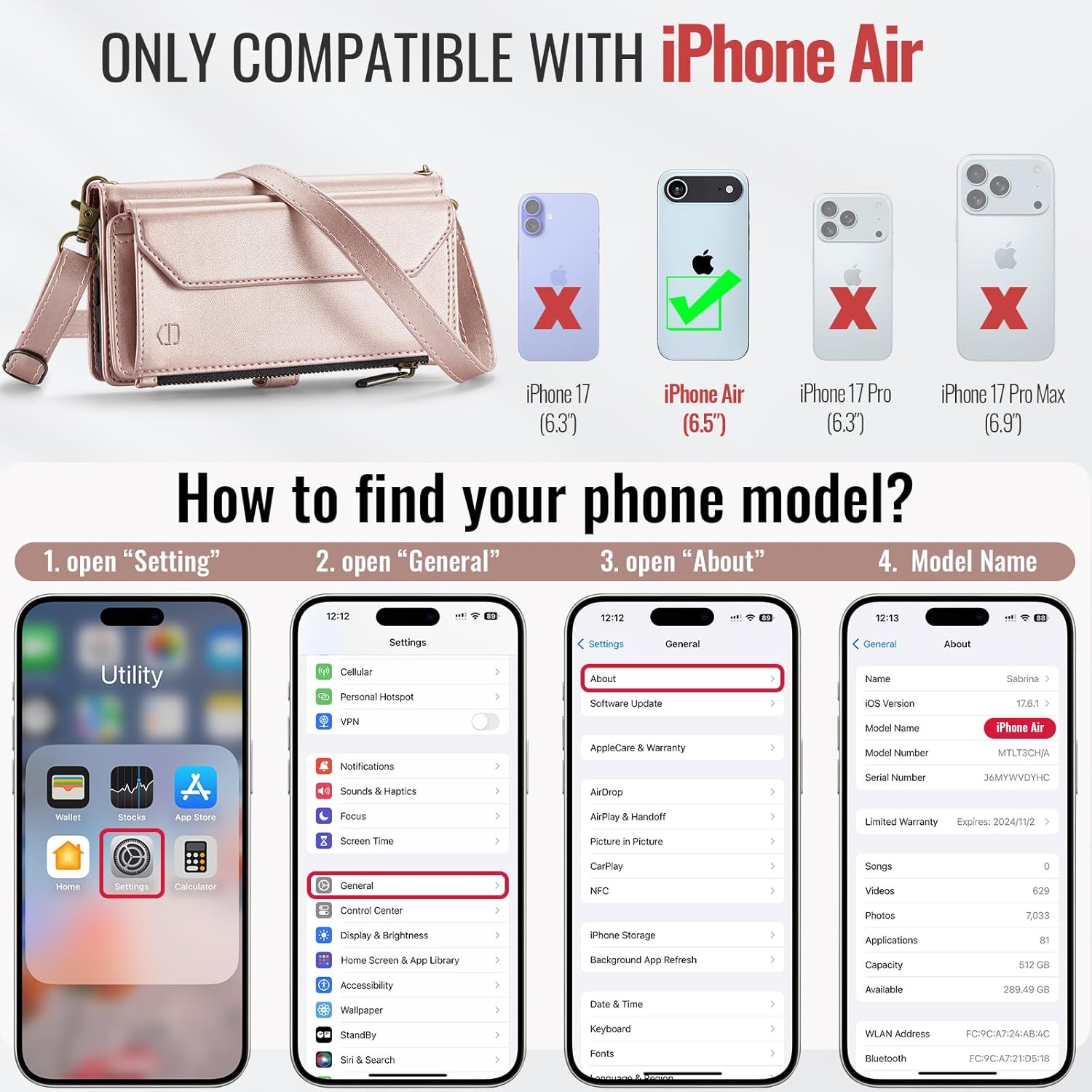 Wallet Case Compatible with iPhone Air 6.5" RFID Blocking 10-Card Holder Soft PU Leather Magnetic Snap Shoulder Strap Zipper Pocket Phone Case Fit for iPhone 17 Air for Women - Rose Gold - Image 9