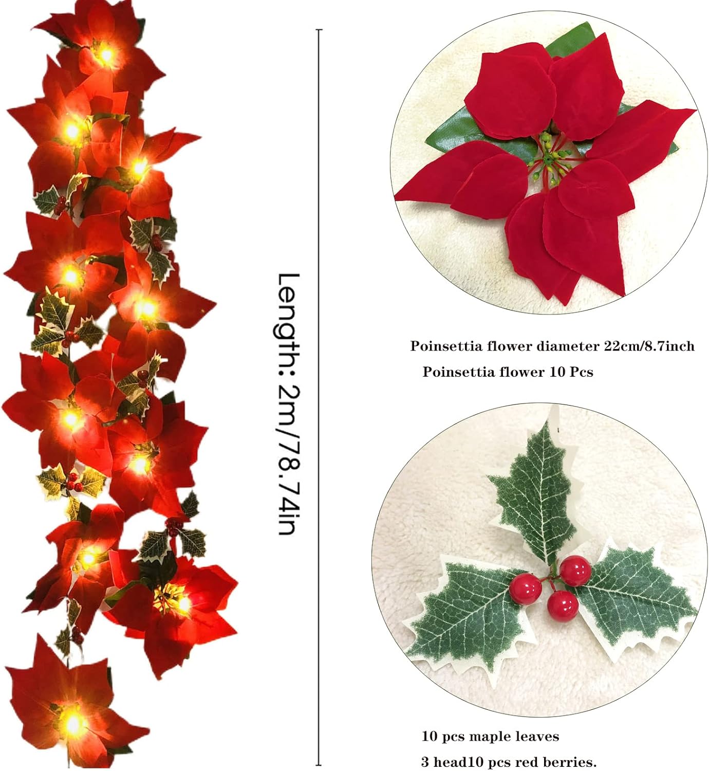 Poinsettia Christmas Flowers Decorations Garland String Lights 6.56FT 10LED Xmas Tree Artificial Ornaments with Red Berries Holly Leaves