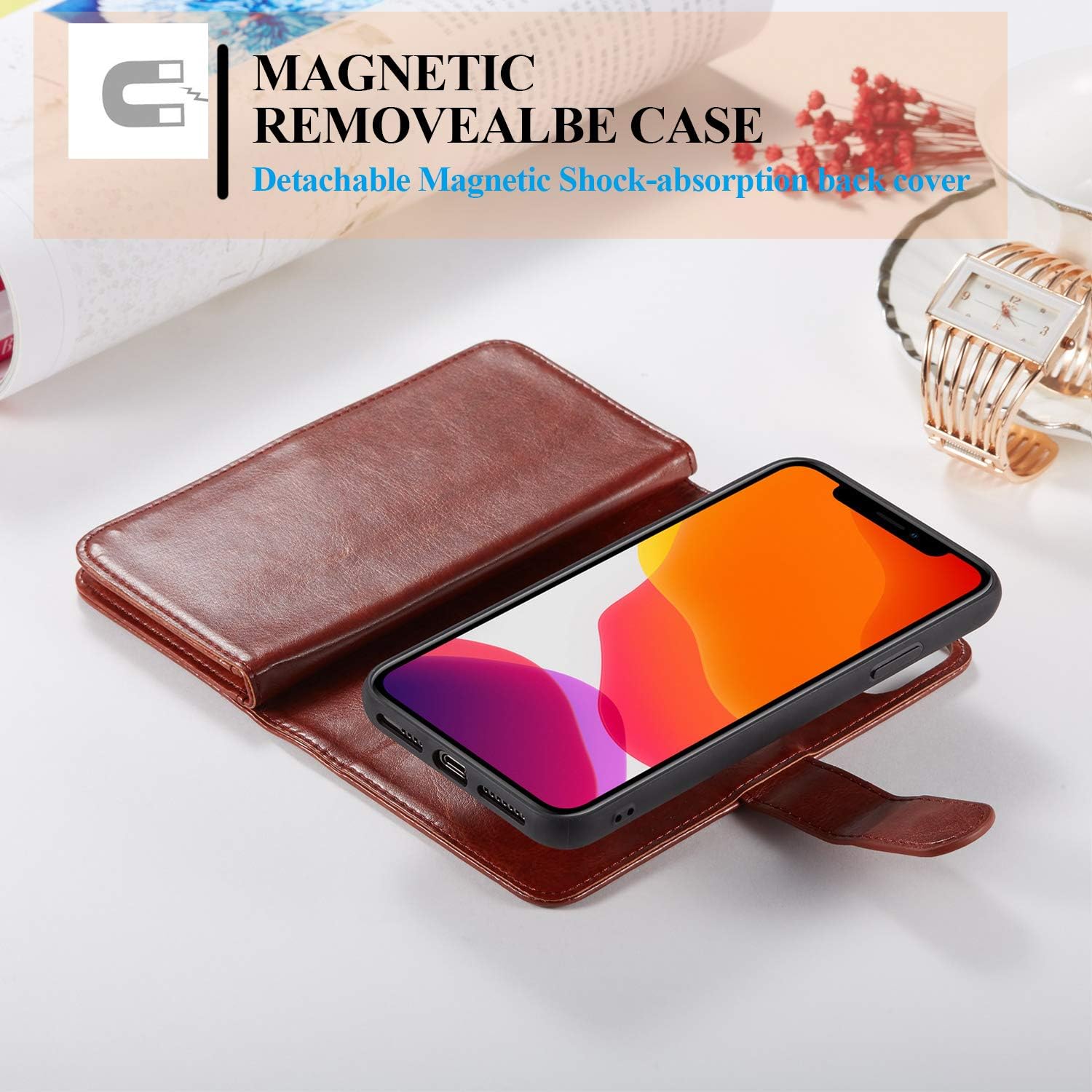 XRPow iPhone 11 Case, [2 in 1] iPhone 11 Magnetic Detachable Wallet Case [PU Leather] Folio Flip [9 Card Slot] [Wrist Strap] Durable Protection Back Cover for iPhone 11 6.1Inch (Brown)