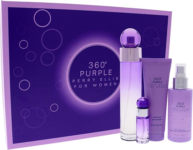 Perry Ellis 360 Purple by Perry Ellis Gift Set -- 3.4 oz Eau De Parfum Spray + .25 oz Mini EDP Spray + 4 oz Body Mist Spray + 3 oz Shower Gel / -- (Women)