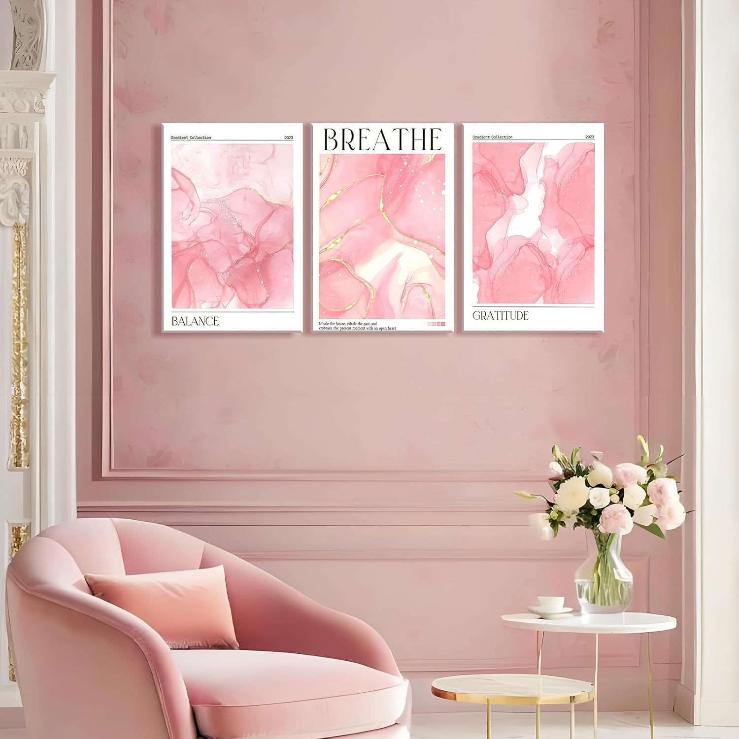 3 Pcs Framed Pink Abstract Motivational With Text Fashion Wall Art Decor Canvas Print Poster Balance Breathe Gratitude Wall Painting Poster for Bedroom Dresser Decor 12x16 Inches Ready To Hang