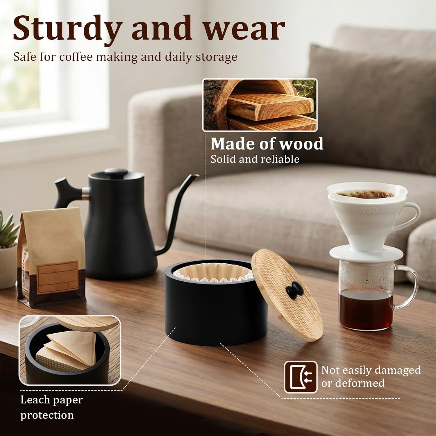 Wooden Coffee Filter Holder with Lid - Farmhouse Storage Container (Black)