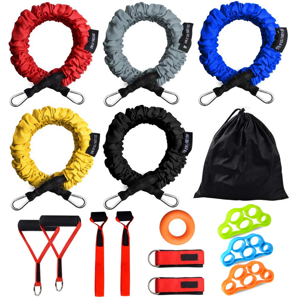 Rocutus - Set di 15 fasce elastiche di resistenza per esercizi, con guaine protettive in nylon anti-scatto, da 9,1 kg a 18,1 kg, cinghie di ancoraggio per porta fino a 68 kg