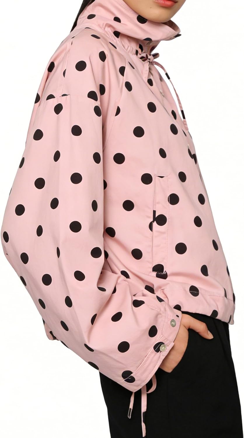 Womens Polka Dot Button Down Jacket Stand Collar Cropped Coat Trendy Fall Spring Jacket with Pockets