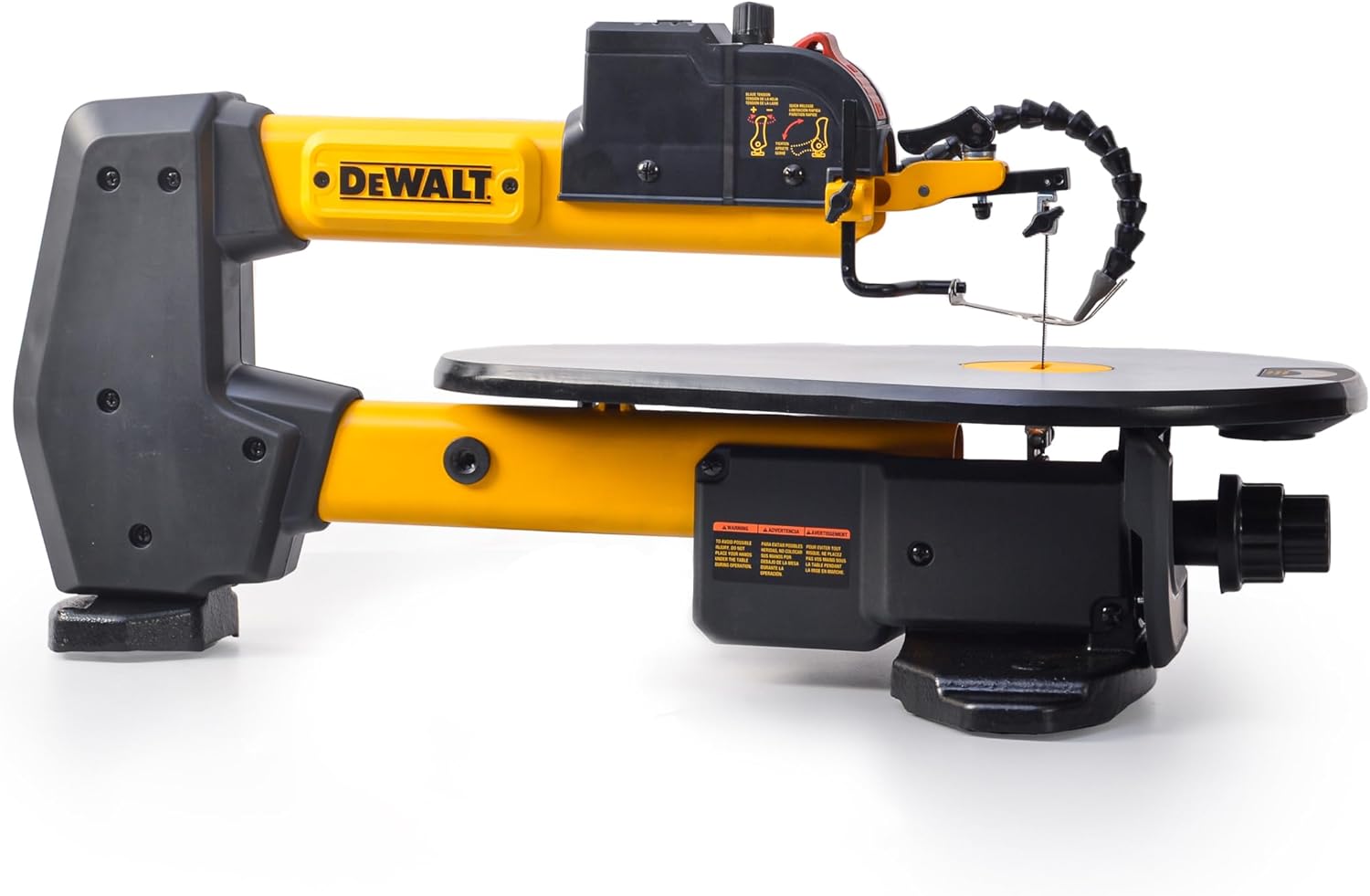 DeWalt 18" Scroll Saw, 1.6 AMP Motor, Variable Speed Range 500-1500 strokes per minute, large die-cast aluminum table with patented upfront table top bevel scale