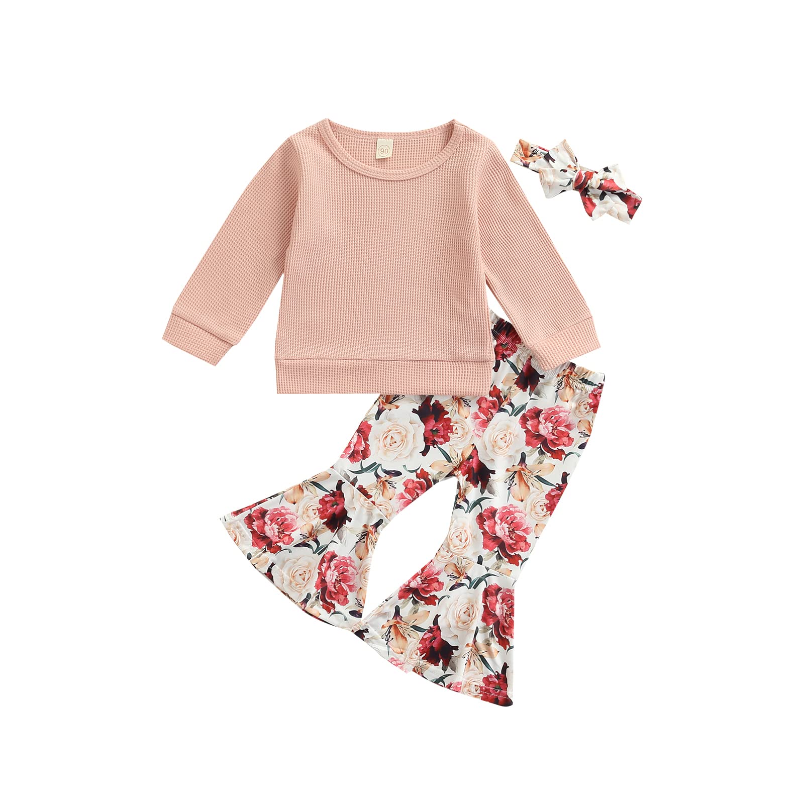 Toddler Baby Girl Spring Fall Ribbed Clothes Set Long Sleeve Floral Pattern T-Shirt Bell-Bottom Pants Headband Outfits