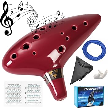 Mulucky Ocarina 12 Tones Alto C with Song Book Display Stand Neck Cord - Red Brown