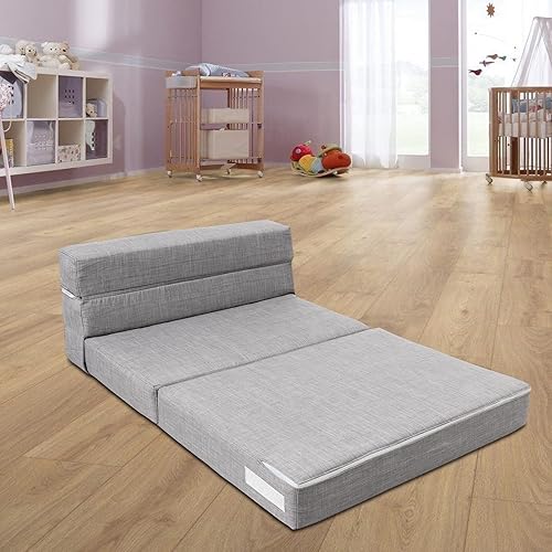ANONER - Sofá cama plegable, con almohada, tamaño individual, color gris claro Gris claro,Gris oscuro,Verde oscuro,Peluche gris oscuro