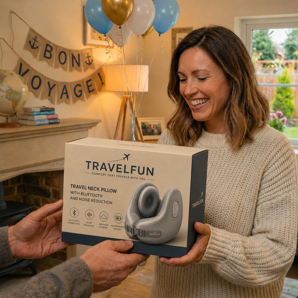 TRAVELFUN Almohada de Viaje Viscoelástica para Cuello – Soporte Cervical 360° con Sujeción de Barbilla y Orejas, Reducción de Ruido, Bluetooth para Móvil y Avión, Ideal para Viajar