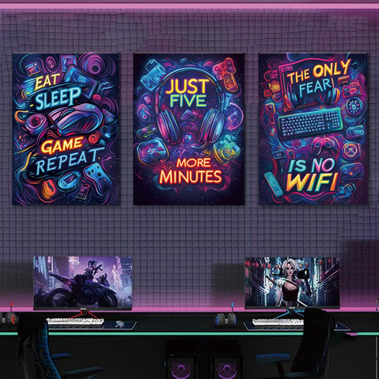 Yolbcdr Neon Gaming Canvas Wall Art Set di 3, 40,6 x 61 cm | Decorazione da parete colorata per videogiochi, set di poster per videogiochi al neon, stanza dei giochi