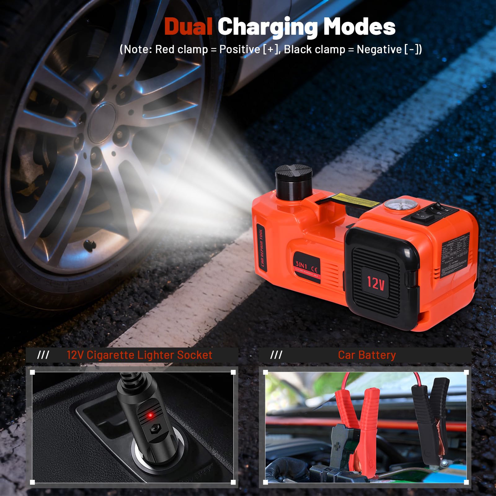 Gato hidráulico eléctrico con Llave de Impacto, compresor de Aire y maletín de Transporte, Capacidad 5T, 150 – 530 mm, Luces LED, Funcionamiento 12 V/CC para Cambio de neumáticos y