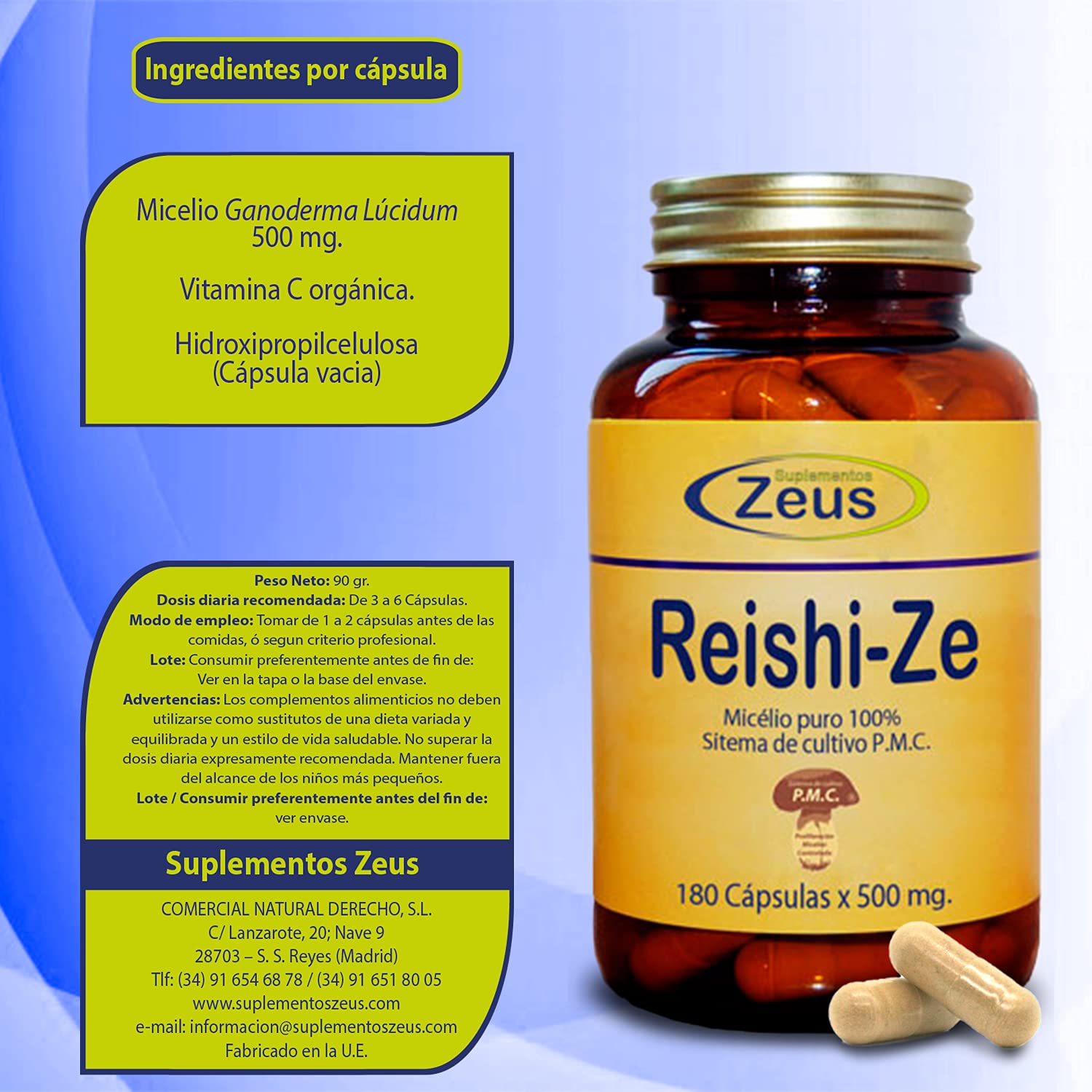 REISHI-ZE | Contribuye al funcionamiento normal del sistema inmunitario | Complemento Alimenticio a base de Reishi y Vitamina C | 100% Vegano | 180 Cápsulas Vegetales