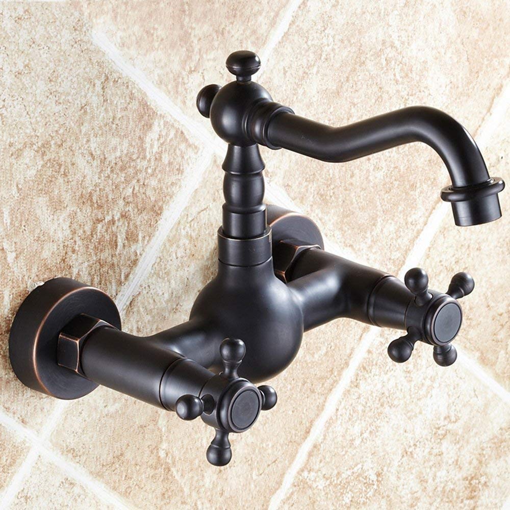 Vintage Küchenarmatur in Schwarz – Wandmontierte Mischbatterie, Zweigriff-Waschtischarmatur aus Messing, Oberfläche in geölter Bronze und gebürstetem Schwarz, Retro-Design im nosta