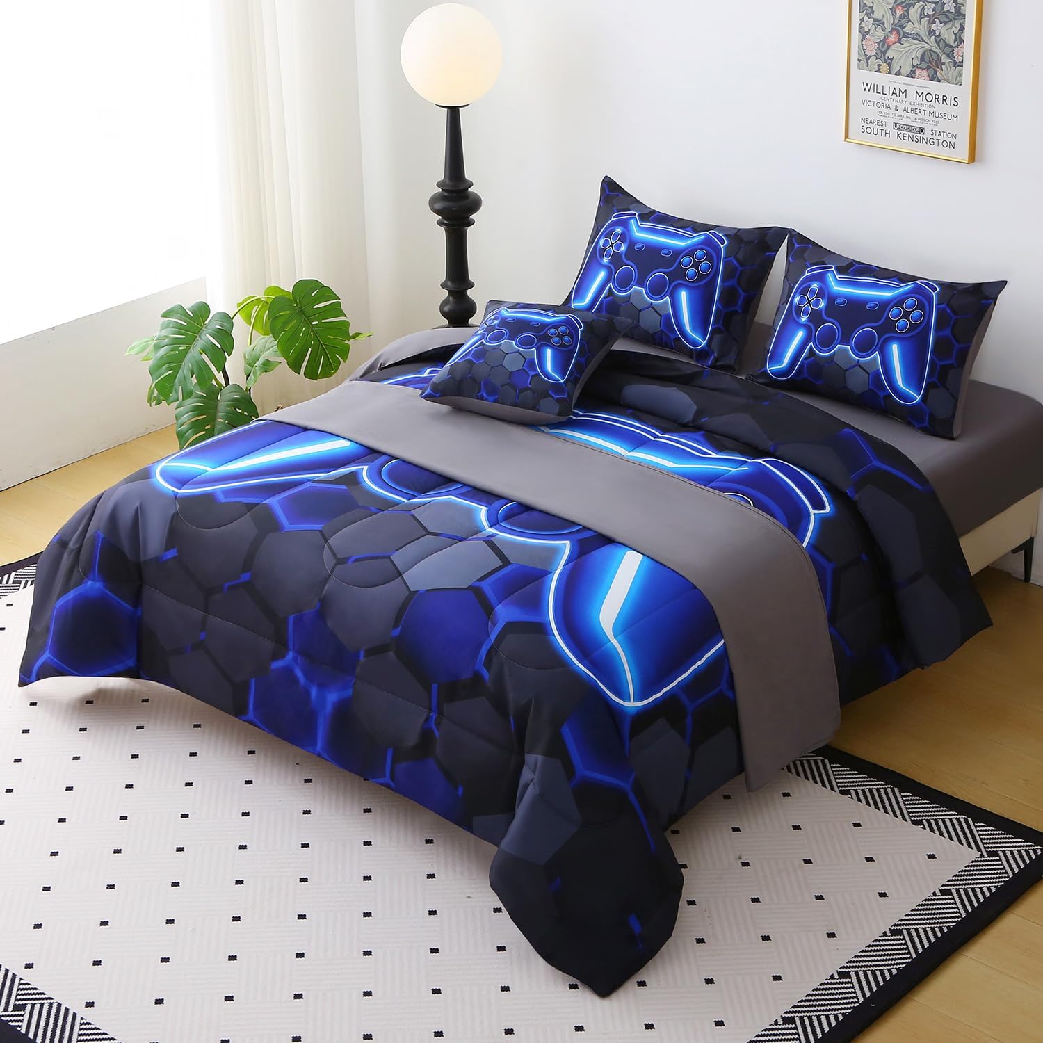 JQinHome Twin Size Gaming Bedding Set 6-Piece Comforter for Boys Teens - 3D Video Game Print Bed in a Bag with Sheets, Blue Cool Black Design (Twin)