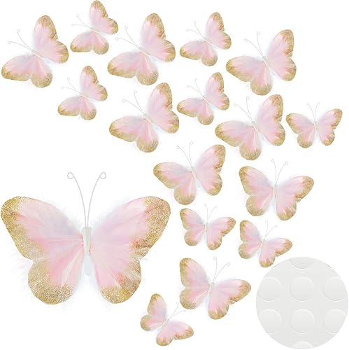 16 calcomanías de pared de mariposa 3D de plumas con purpurina dorada para decoración de habitación, oficina, dormitorio, baño, sala de estar (rosa