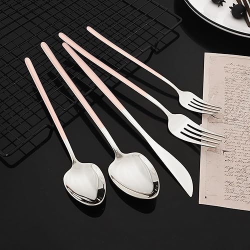 Miniatura 13 de JASHII Juego de cubiertos delgados de 20 piezas, acero inoxidable 18/10 con chapado en oro de titanio, juego de cubiertos de mango blanco, incluye
