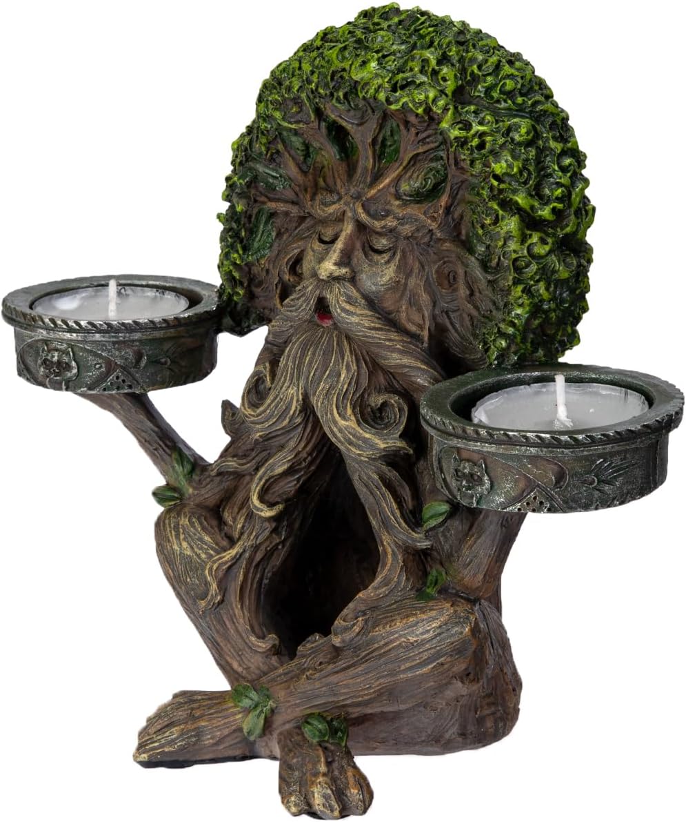 Pacific Giftware ENT Green Man Backflow Incense Cone Burner and Tea Light Holder, Decorative Mythical Forest Spirit Face Design, Dual Candle Holder Resin Home Decor 6.69" H