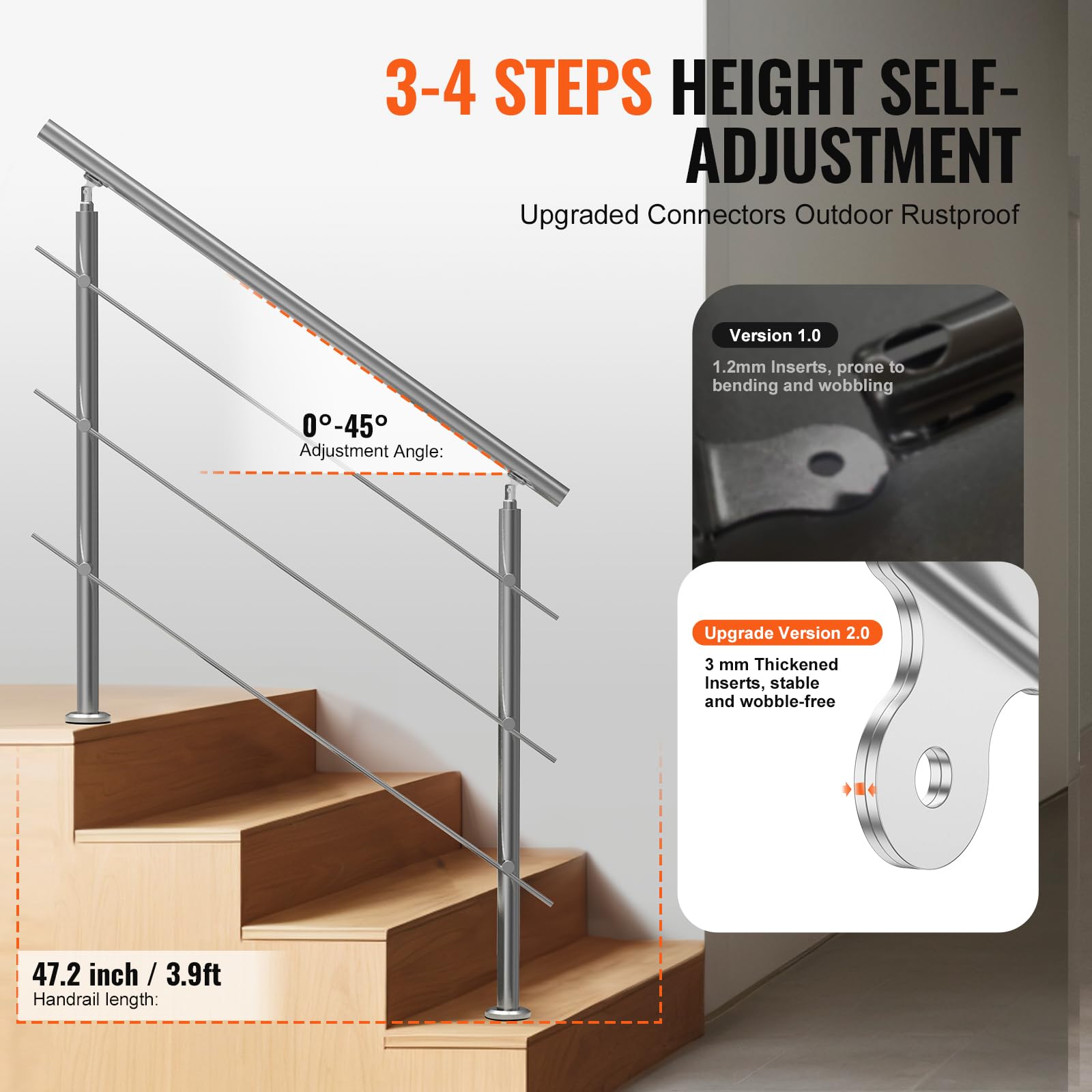 VEVOR Corrimano per Gradini Esterni, Kit Corrimano per Scale 3 Traverse 120 cm Lunghezza, Ringhiere Transizione Acciaio Inox Kit Installazione, Corrimano Scale Doppia Colonna per Veranda e Terrazza