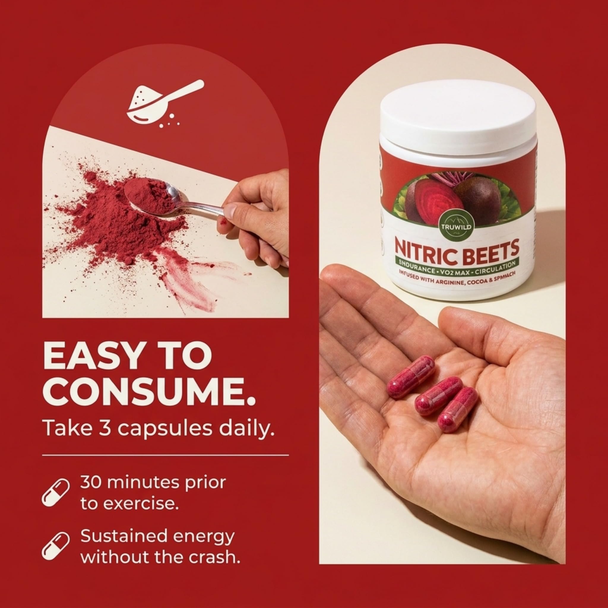 TruWild All Natural Beet Root Powder, Nitric Oxide Booster, 1000mg, Vegan Superfood Capsule Supplement, Beetroot Extract Supports Overall Health, Performance & Stamina, 30 Servings — Amazon image 2