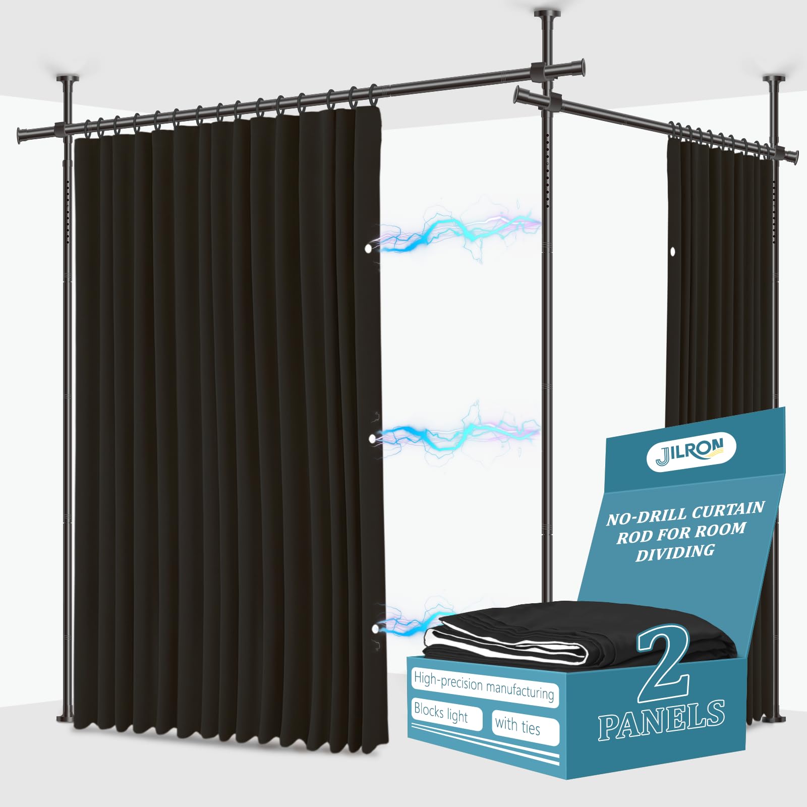 JILRON No-Drill Room Divider Curtains Set: Includes 106" W x 84" L Black Curtain 2-Panel & Adjustable Pole Brackets (72-200" W x 43-120" H Adjustable Range)
