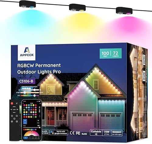 Miniatura 10 de APPECK Luces permanentes para exteriores Pro de 150 pies, 108 W RGBCW aleros con 108 luces LED, 80 lm, cortables, 111 modos de escena, iluminación