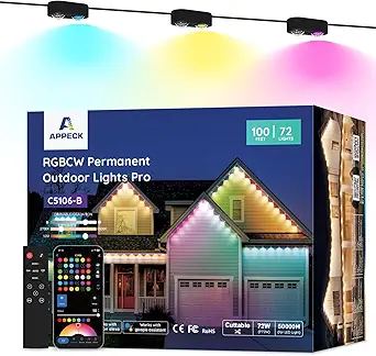 13 Best Permanent Outdoor Lights For Halloween In 2026 13 APPECK Permanent Outdoor Lights Pro 100ft, 72W RGBCW Eaves Lights with 72 LEDs, 80lm, Cuttable, 111 Scene Modes, IP67 Waterproof, Compatible with Alexa, Black