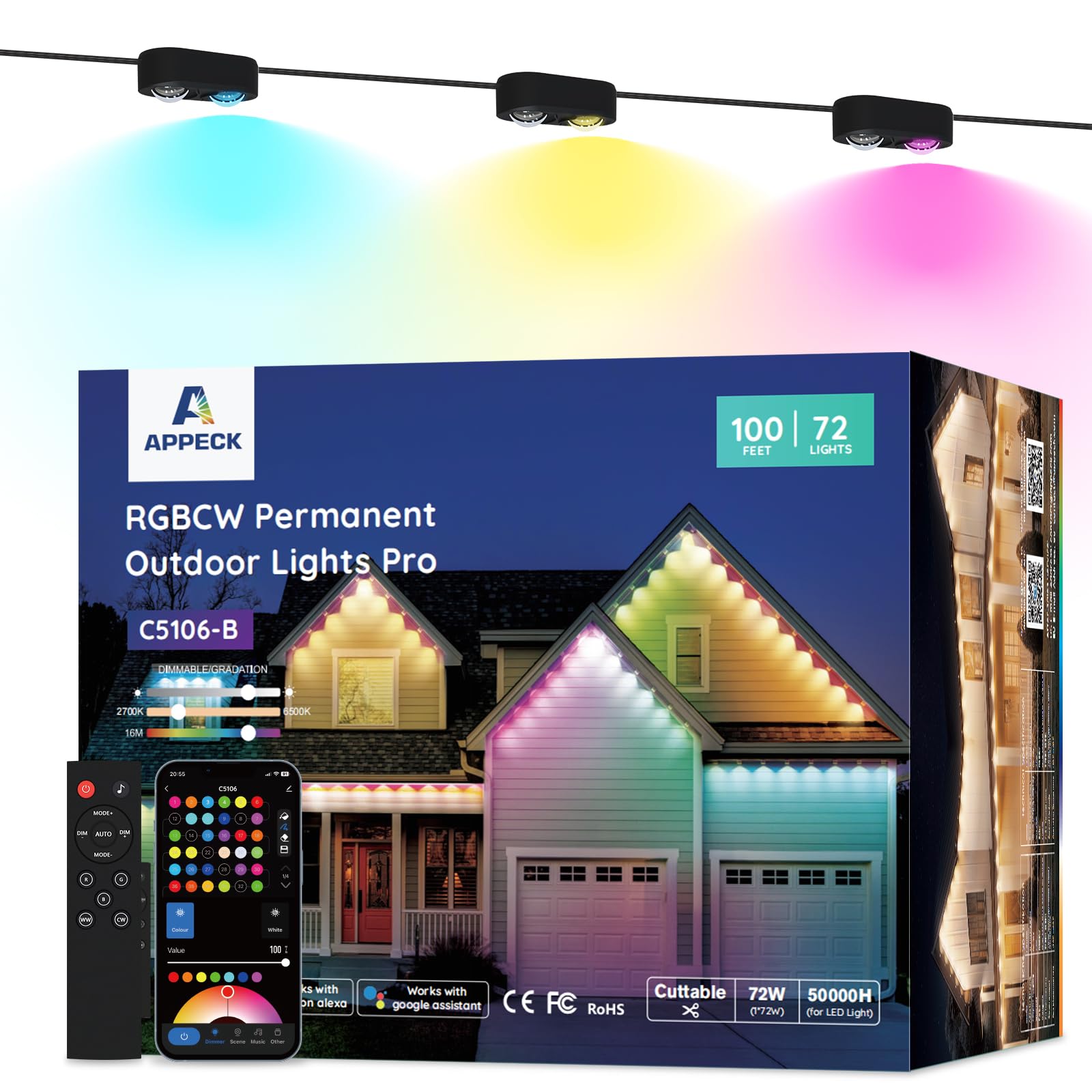 APPECK Permanent Outdoor Lights Pro 100ft, 72W RGBCW Eaves Lights with 72 LED Lights, 80lm, Cuttable, 111 Scene Modes, IP67 Waterproof Lighting for Halloween Decoration, Compatible with Alexa, Black