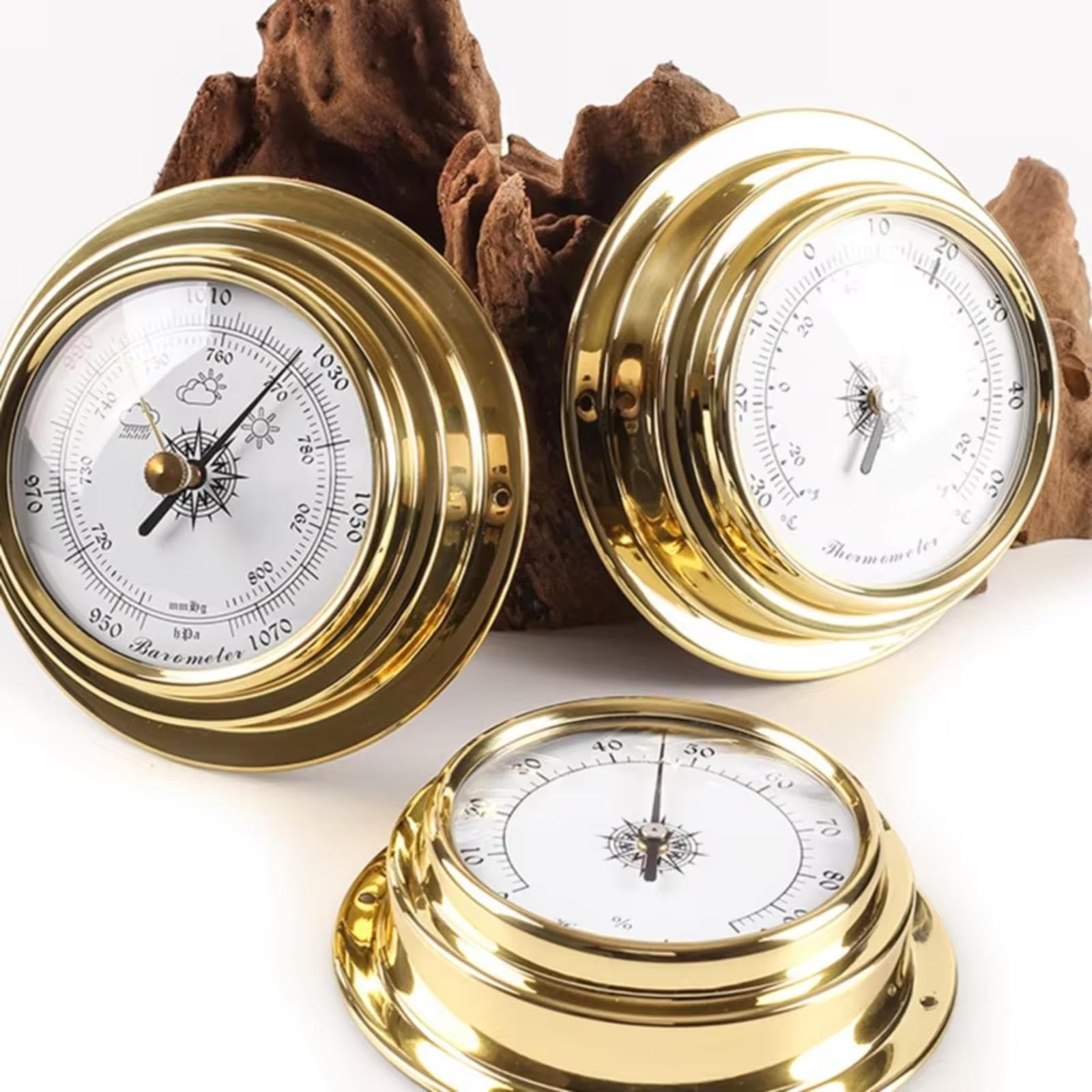Lot de 3 baromètres, thermomètres, hygromètres, station météo analogique traditionnelle, baromètre de pêche en plein air, baromètre mural en laiton, pour les personnes qui aiment la voile (98 mm)