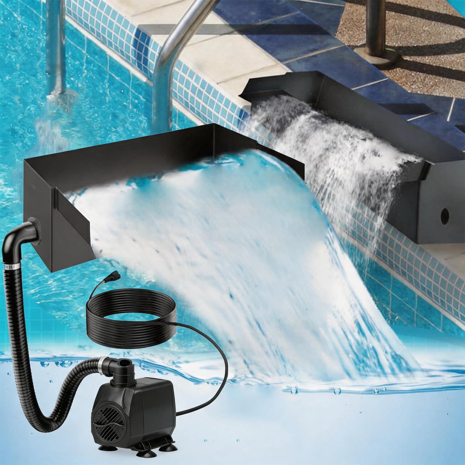 Teich Wasserfall für Gartenteich, 30CM Edelstahl Teichwasserfall Set Garten Teich Brunnen 304 Edelstahl 45W 3000 L/H mit Wasserfall Deko Garten Teich Wasserspiel Patio Terrasse Außente