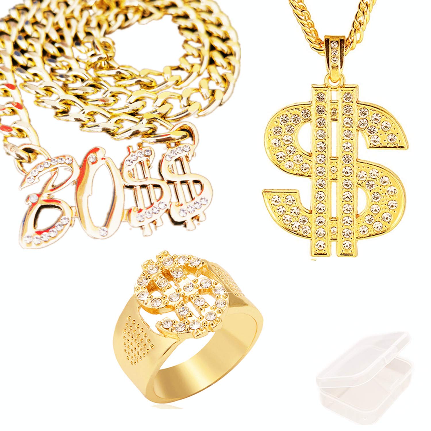JinYu 3 Pack Mens Gold Plated Hip Hop Cz Inlay Dollar Sign Rings and Pendant Necklack and BOSS Sign Pendant Necklace with Box