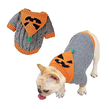 Banooo Halloween Dog Sweater Cute Pumpkin Puppy Party Costumes Dog Hooded Knitwear Warm Pet Sweater for Fall Winter (S, Grey)