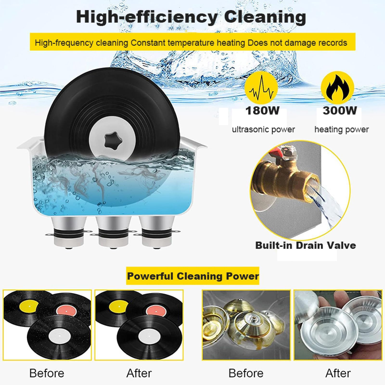 Pulitore a Ultrasuoni per Vinili 6L, 40kHz Macchina Professionale per 4 LP, Timer Digitale e Riscaldamento, Lavatrice Industriale per Gioielli, Orologi e Strumenti