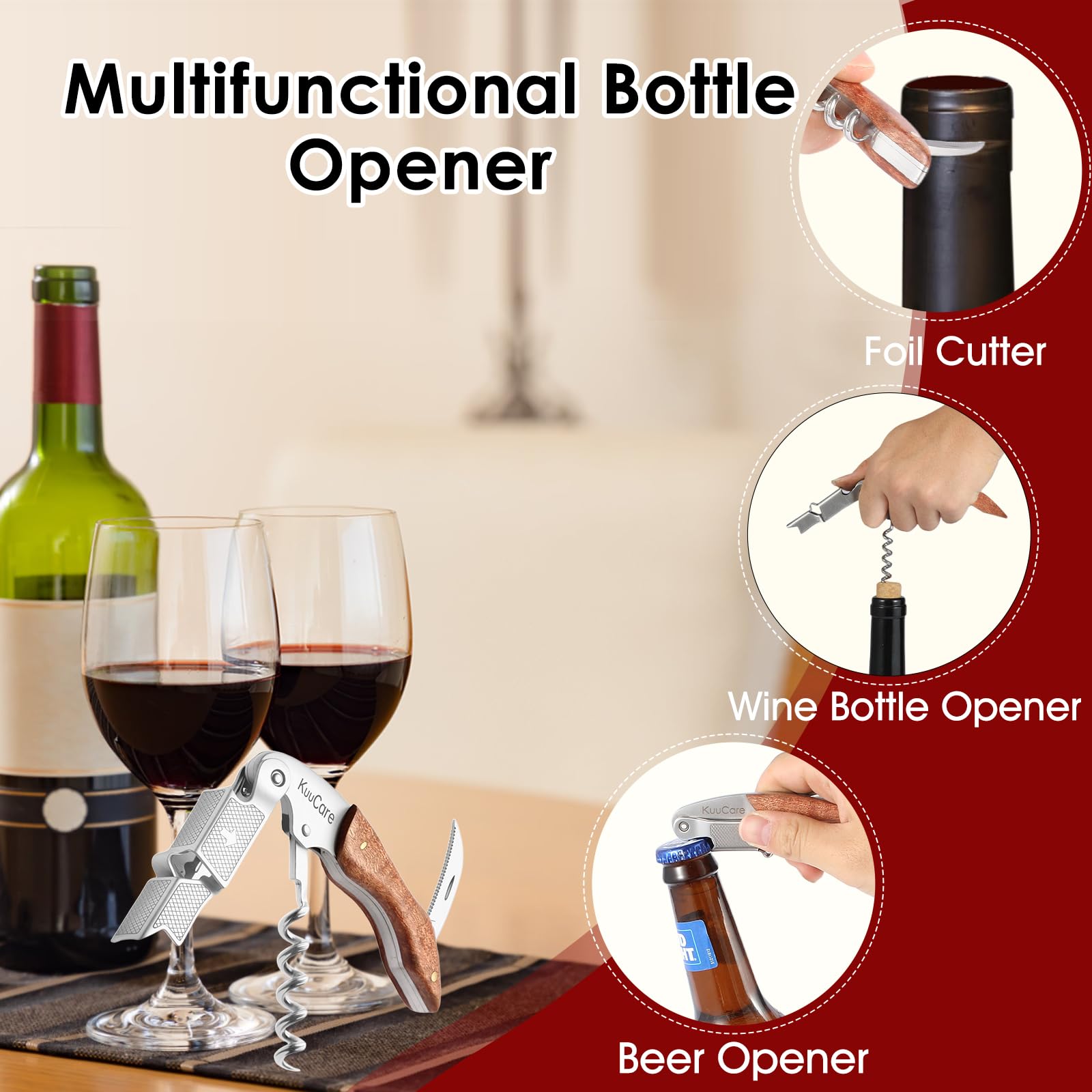 Sacacorchos para camarero, abridor de botellas de vino de acero inoxidable 420 de alta calidad con cortador de papel de aluminio y removedor de tapas, llave manual de vino con doble bisagra para