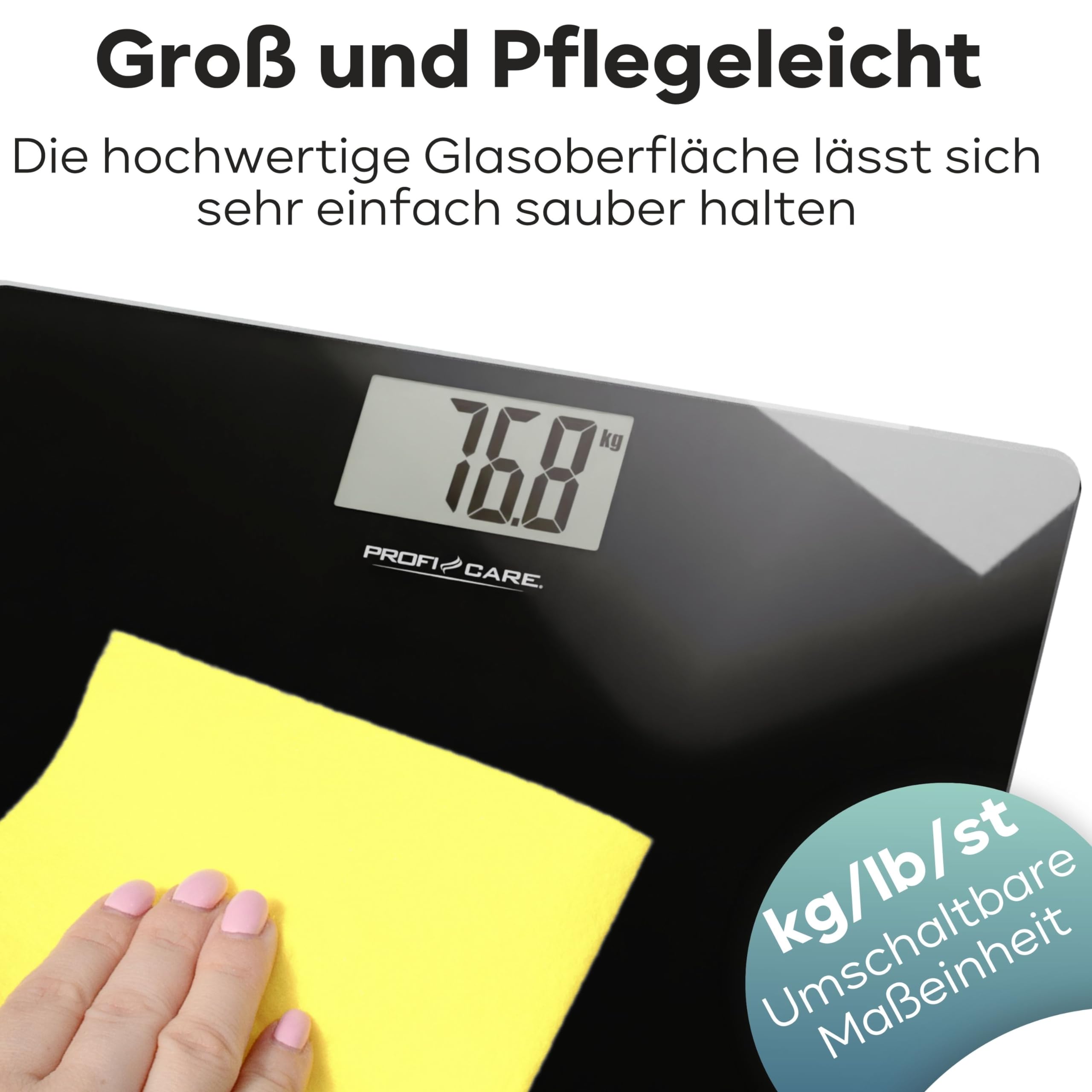 ProfiCare®Osobowy waga z powierzchnią szklaną | zakres 5-180 kg, duży wyświetlaciel LCD | step-on automatyczny