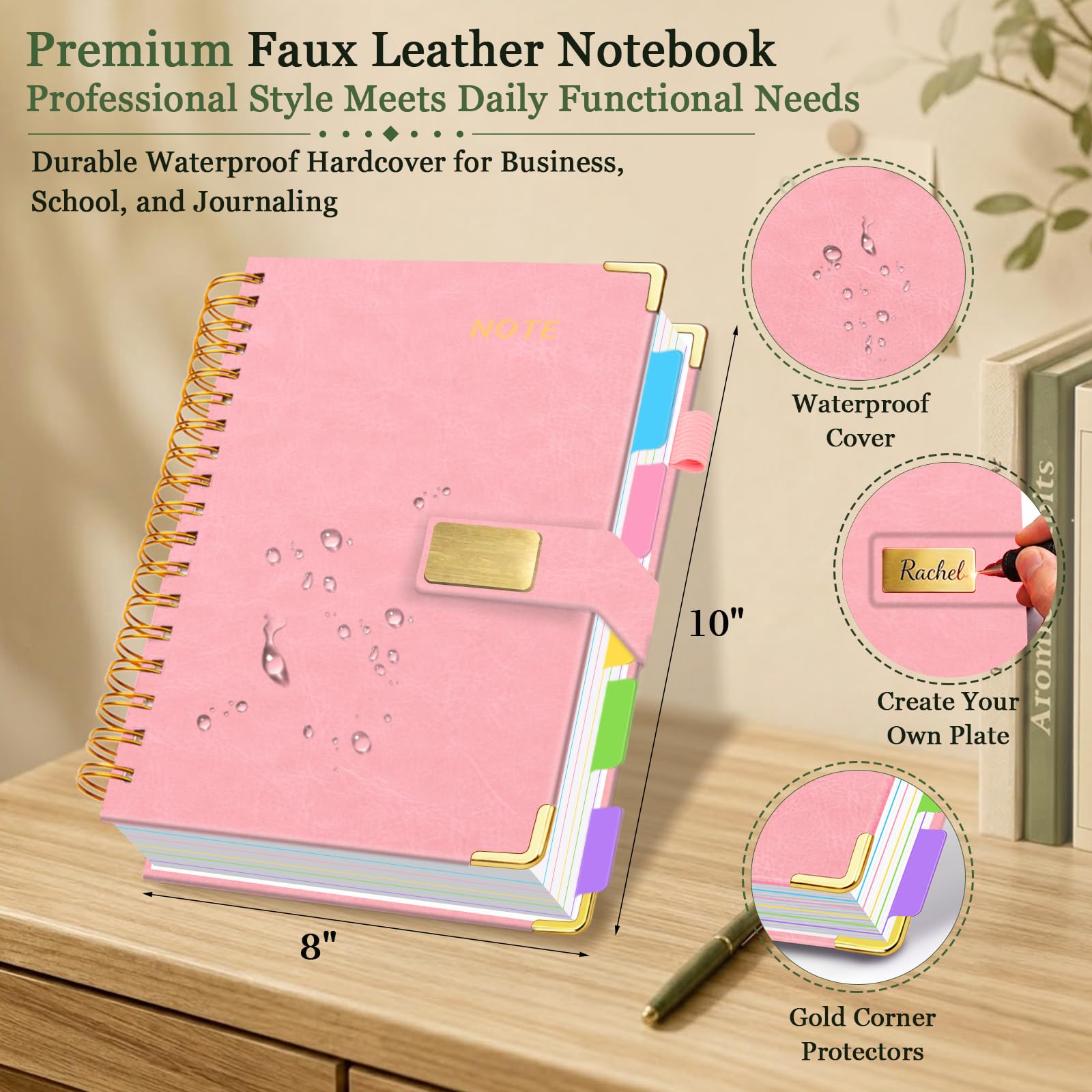 Hardcover Spiral Notebook 8''x 10'' College Ruled Notebook with Magnetic Closure, 300 Pages 5 Subject Notebooks with Pocket Dividers for Work School, B5 Leather Journal for Women, Men (Pink)
