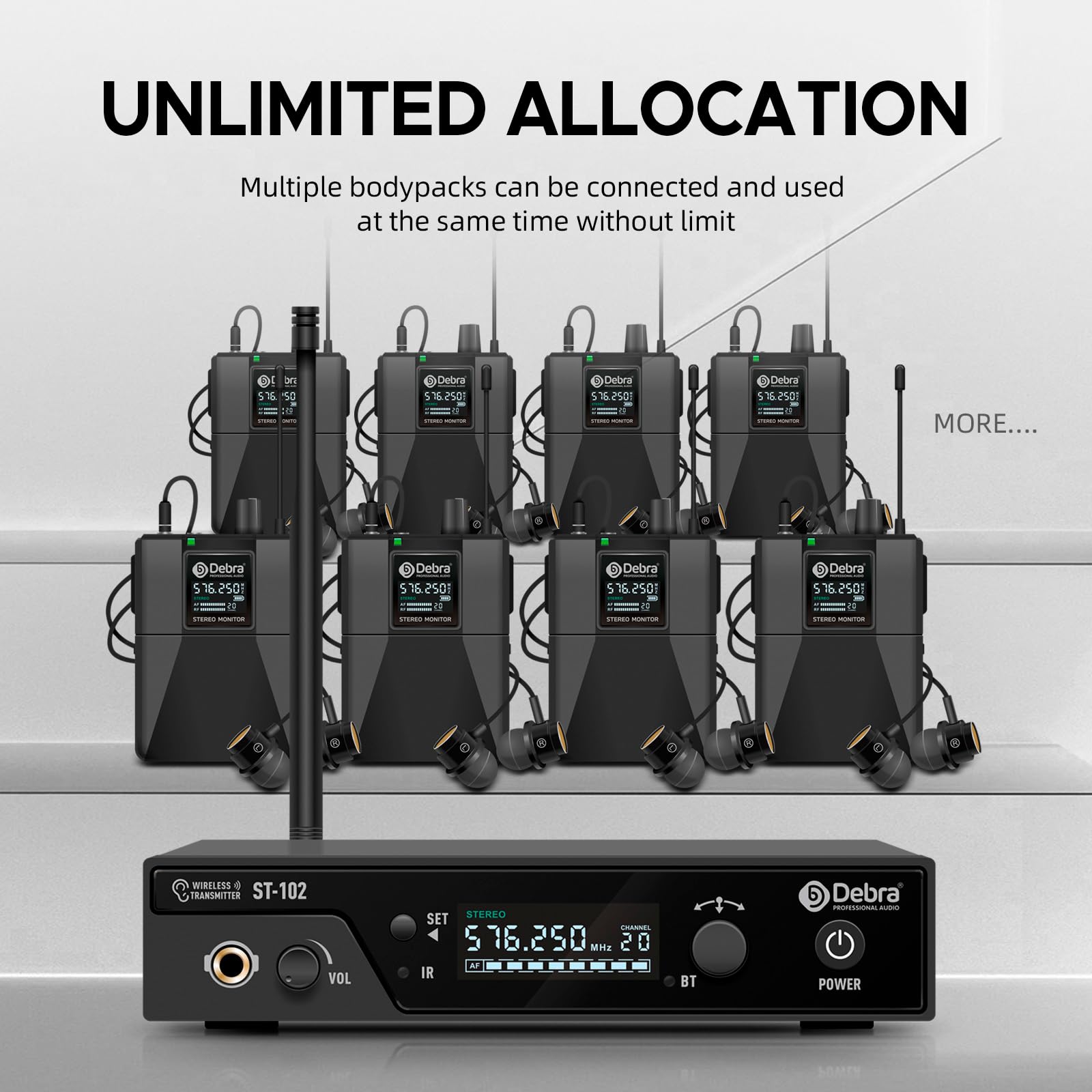 Debra UHF sistema di monitoraggio in-ear senza fili, con bodypacks e cuffie, trasmettitore e ricevitore 560 – 590 MHz per DJ, chiesa, eventi, registrazioni, performance