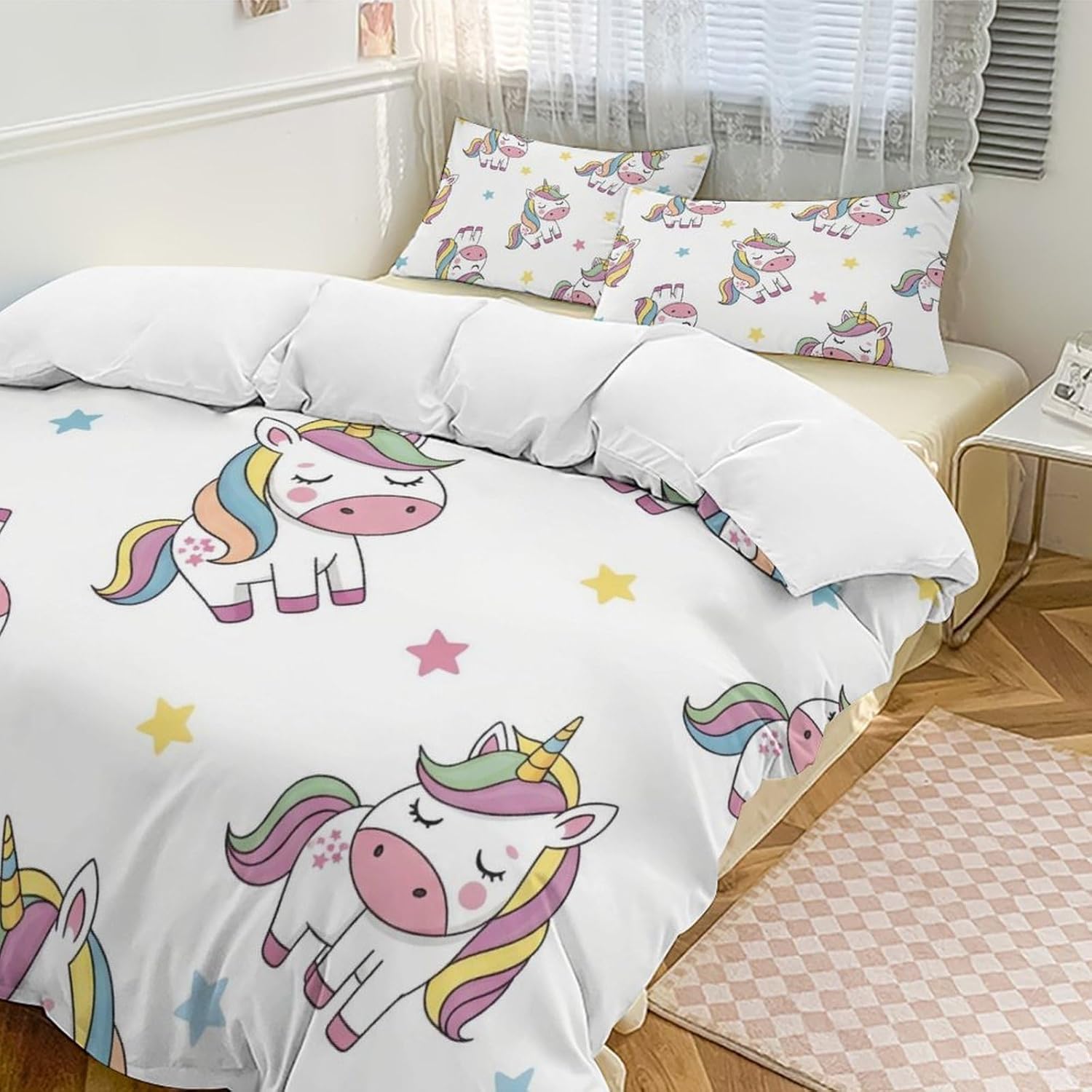 Cartoon-Unicorn Breathable Sheets and Pillowcase Set 3 Piece Hotel Wrinkle Free Sheets Durable Easy Fit Shrinkage and Fade Resistant 90"x90"