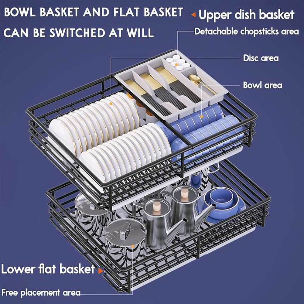 Cajonera extraíble de dos niveles para armarios de cocina, cesta de alambre de acero inoxidable 304 con bandeja de goteo y mecanismo de cierre suave, estante extensible para platos, organizador de