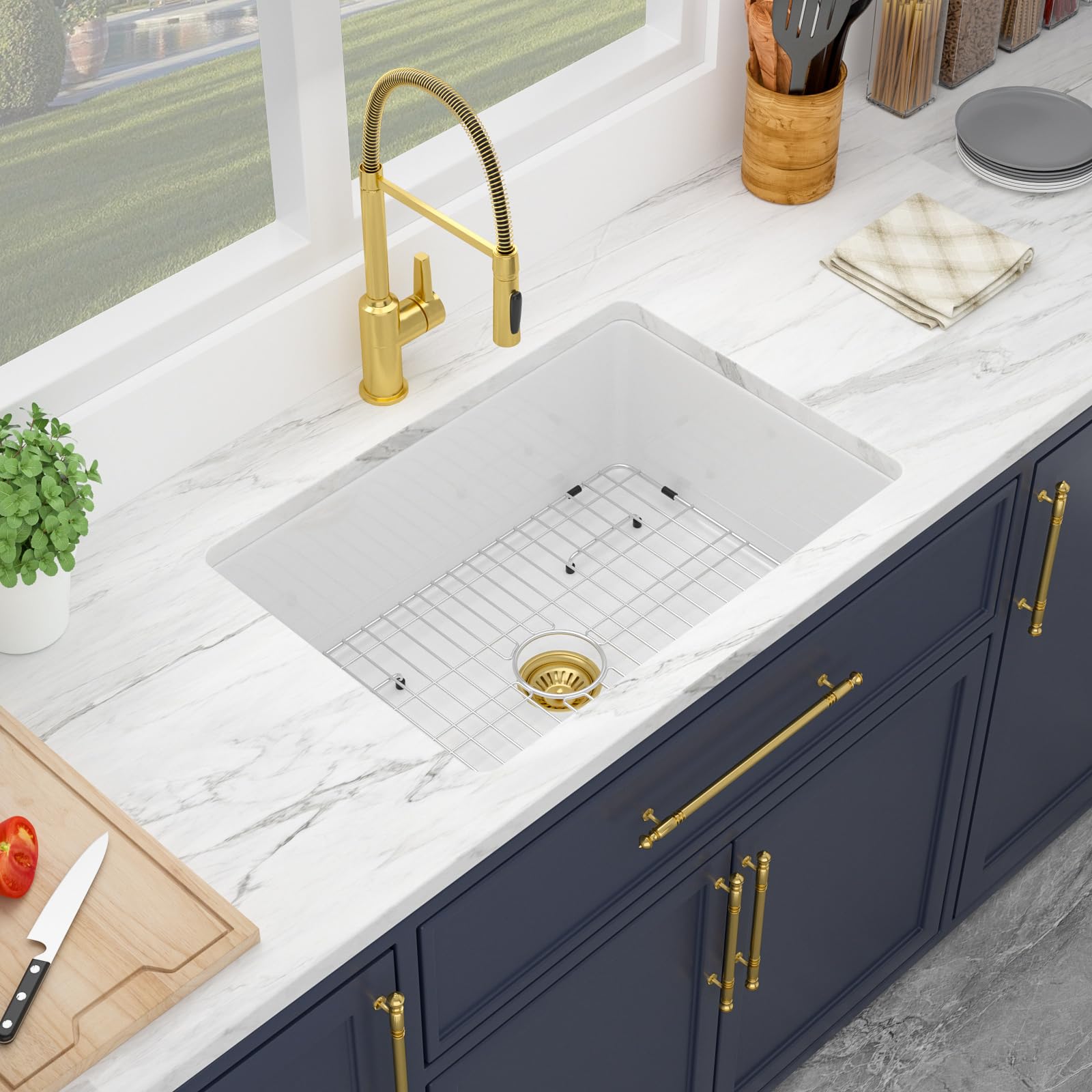 Photo 1 of Kichae 32 Inch White Undermount Sink Fireclay 32x19 Inch White Kitchen Sink Dual Drop in & Undermount Kitchen Sinks Single Bowl Deep Porcelain Ceramic Sinks