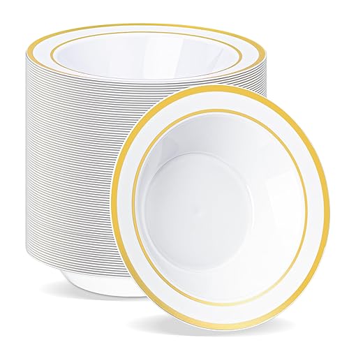 BESTVIP 100 Pack Plastic Bowls with Gold Rim, 12 oz Disposable Soup Bowls, Heavy-duty Dessert Salad Bowl for Party, Wedding, Christmas, Dinner, Catering