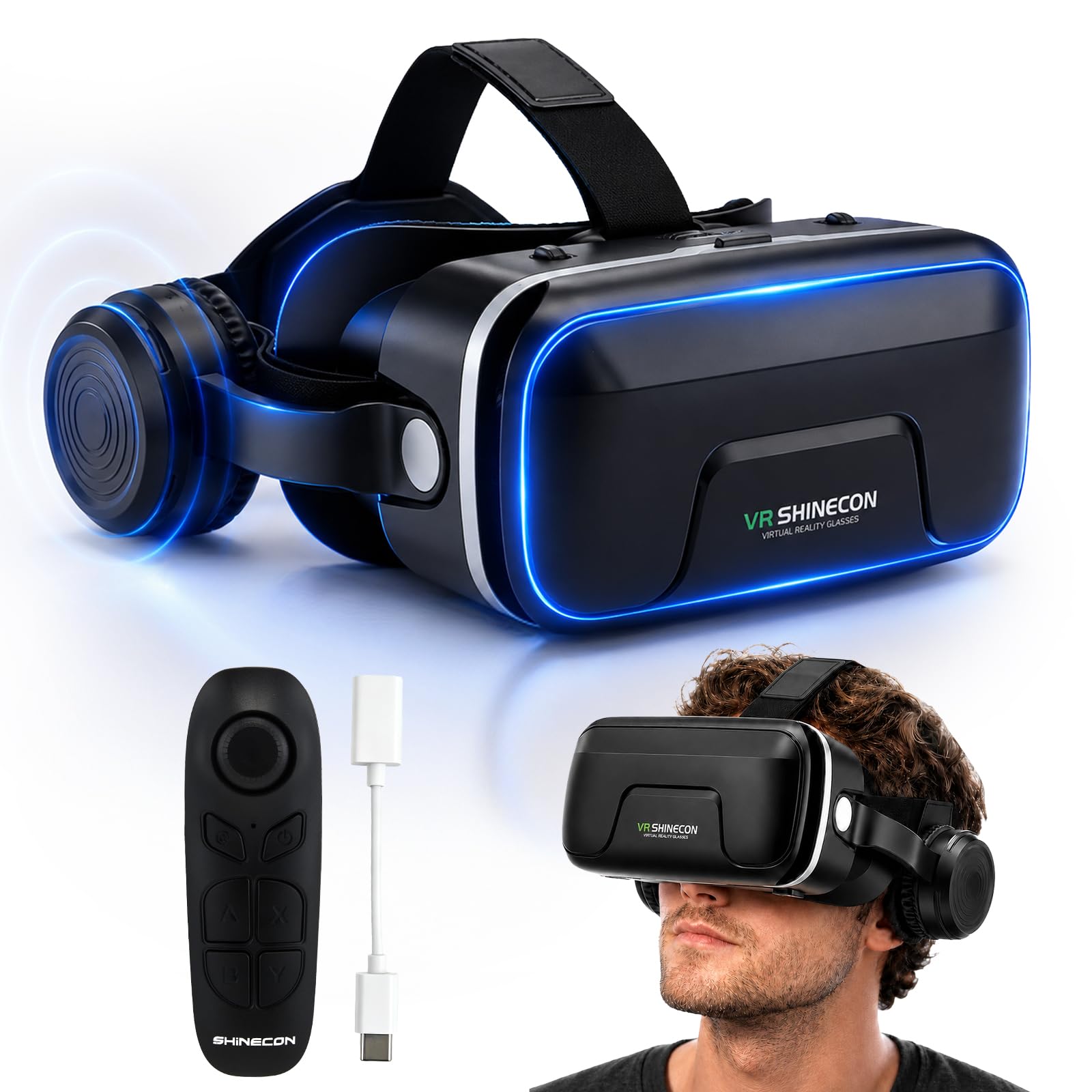Casque VR 3D avec Écouteurs Verres HD Anti-Lumière Bleue Compatible Smartphones iPhone Android 4,7-7,2"