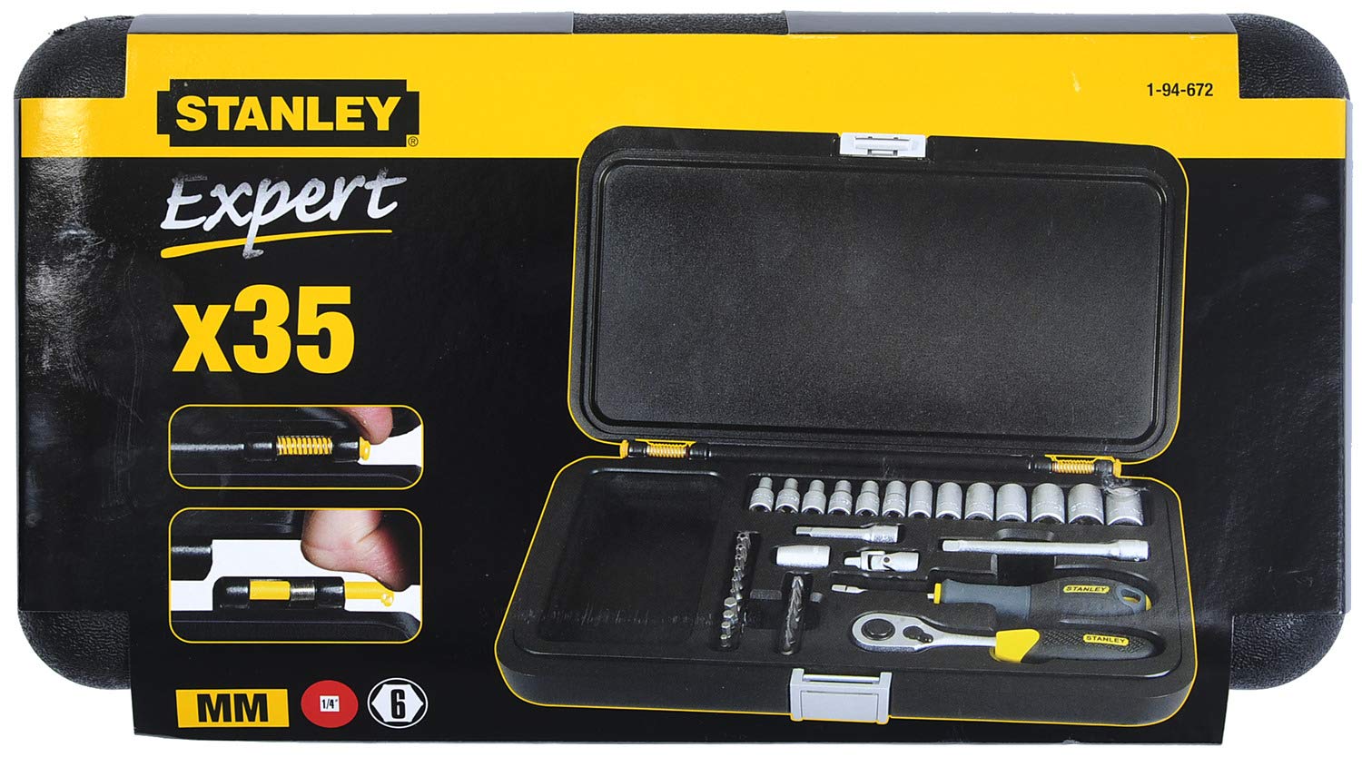 STANLEY 1-94-672 Coffret A Douilles + Cliquet 72 Dents 1/4" - Angle De Reprise 5° - Cardan Universel - Porte-Embouts Magnétique - Rallonges - Jeu De 35 Pièces