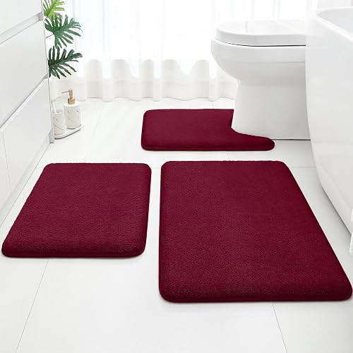 HOMEIDEAS 3 Piece Bathroom Rugs Set, Burgundy Red 17'x24'+20'x32'+20'x24'