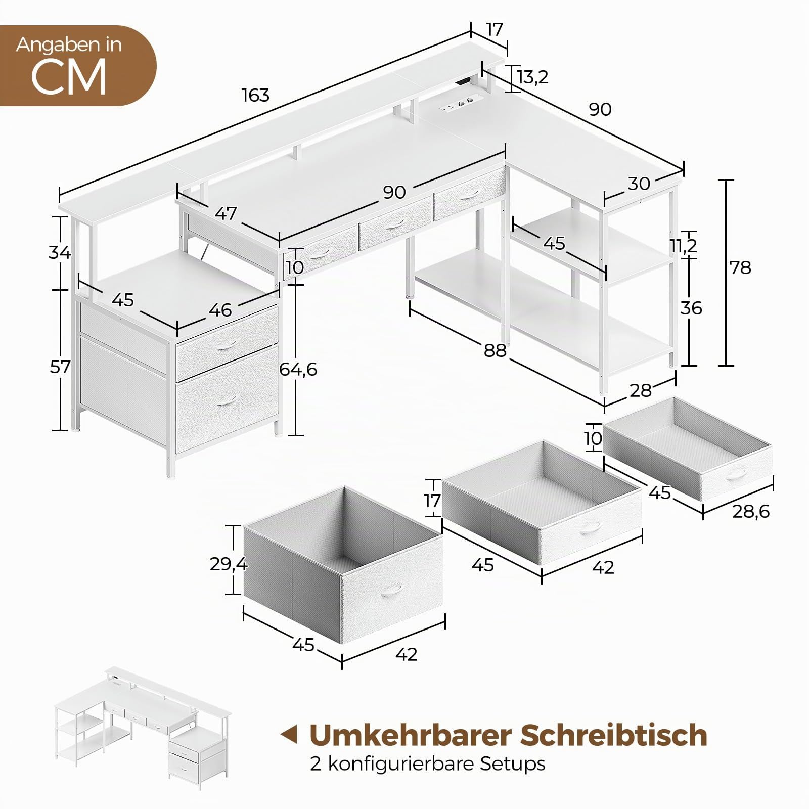 Seventable Schreibtisch L Form, Computertisch mit Steckdose, LED & Monitorständer, Reversibel Eckschreibtisch mit Schubladen, perfekt für Schlafzimmer Büro Wohnzimmer, Weiß