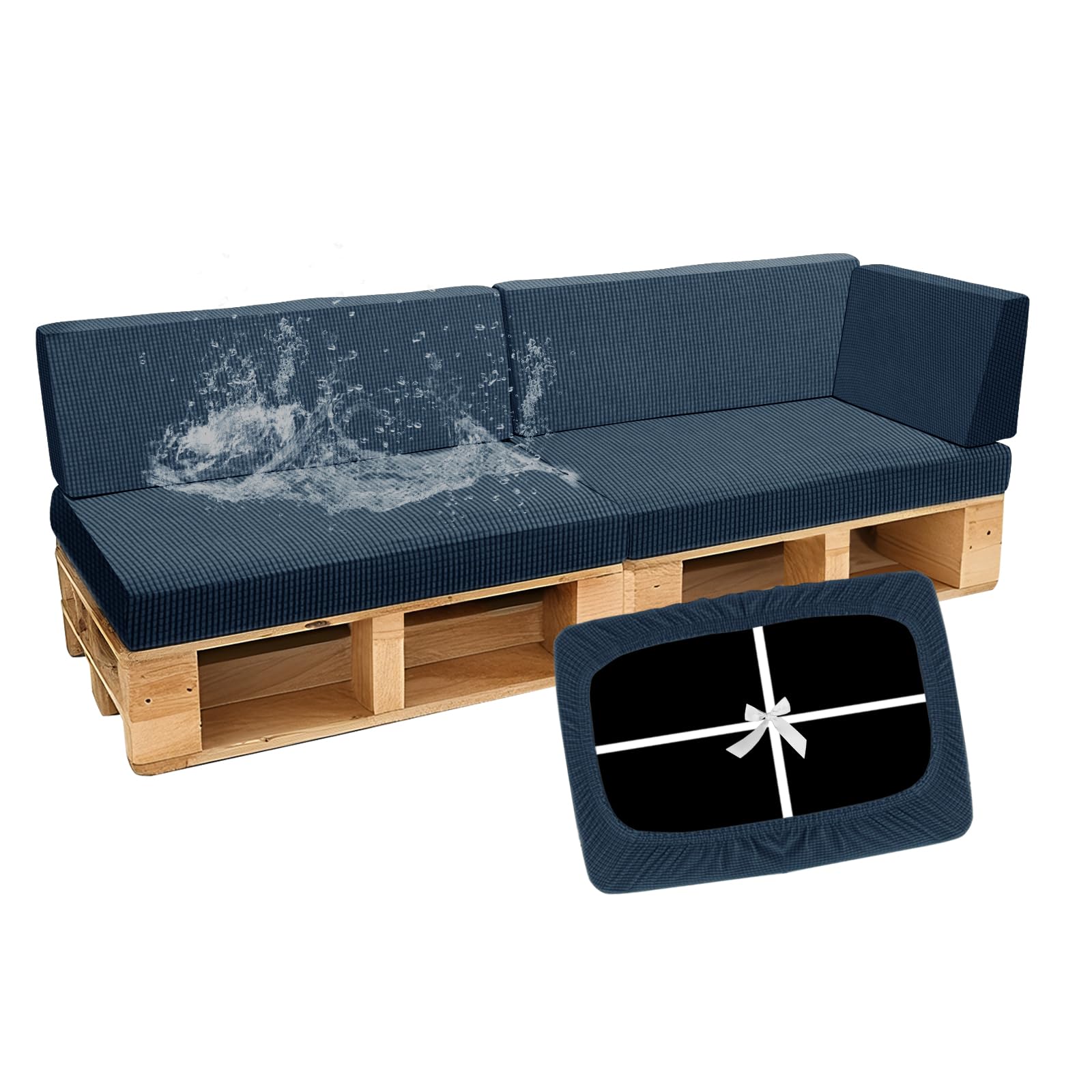 SYLC Waterproof Pallet Cushions Covers, Stretch Cover for Pallet Furniture Cushions with 4 Ties, Outdoor Corner Sofa Covers for Rattan Patio Garden Caravan (Denimblue,5 PCS(2 Seats+3 Backs)) โ image 1